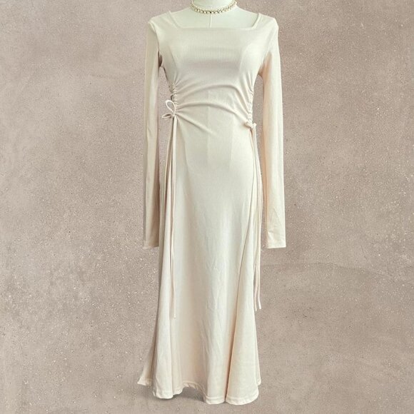 Korean Cream Midi Dress With Ties - Picture 1 of 6